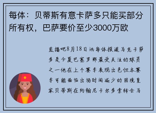 每体:贝蒂斯有意卡萨多只能买部分所有权,巴萨要价至少3000万欧 每体:贝蒂斯有意卡萨多只能买部分所有权,巴萨要价至少3000万欧